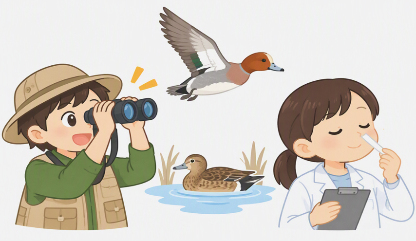 望遠鏡で鳥類調査をする様子